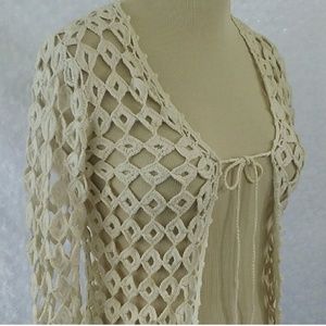 Cream Crocheted Open Weave Tie Front Jacket
